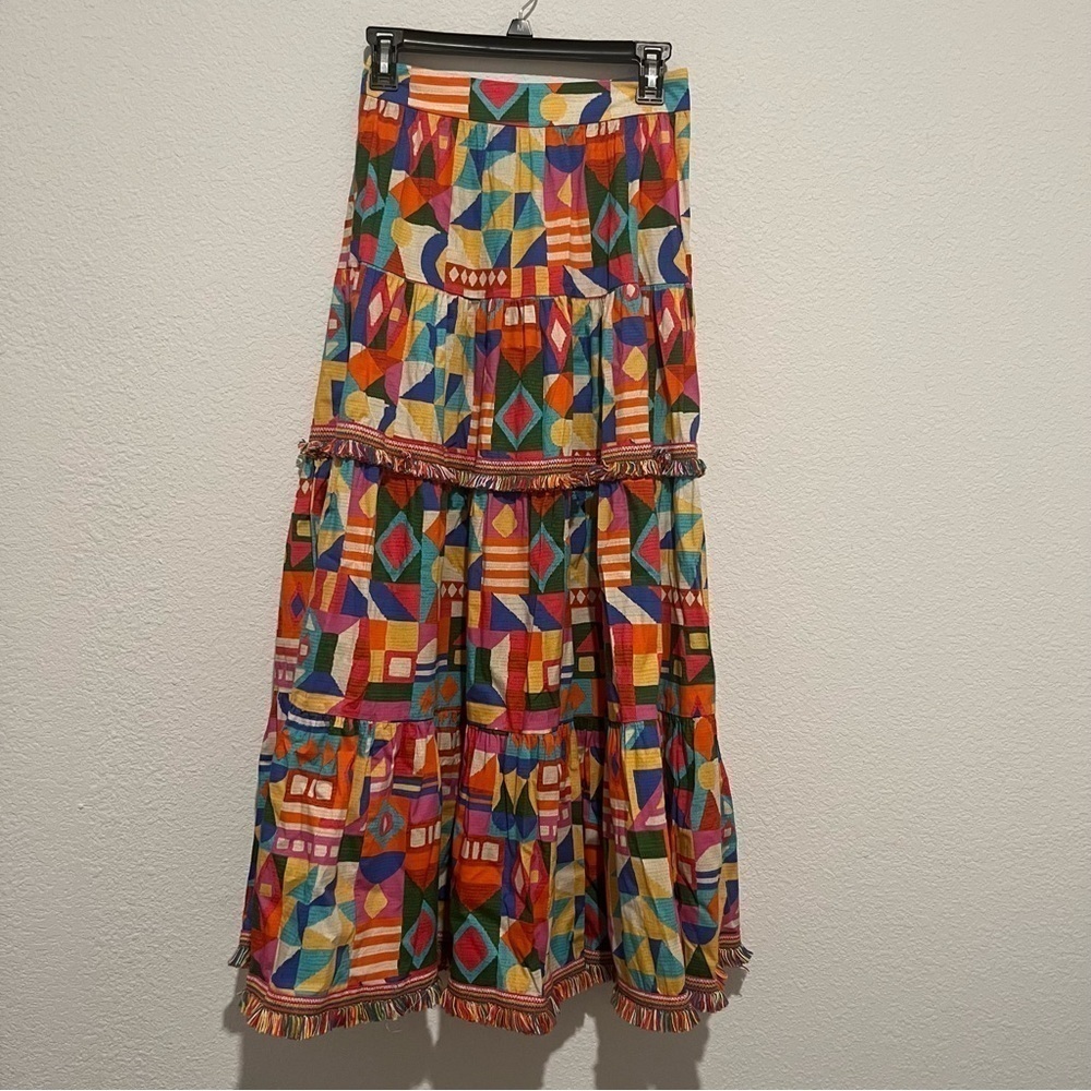 ANTONIO MELANI Giuliana Geometric Print Fringe Hem Cotton A-Line Skirt Size 0 - Picture 4 of 9